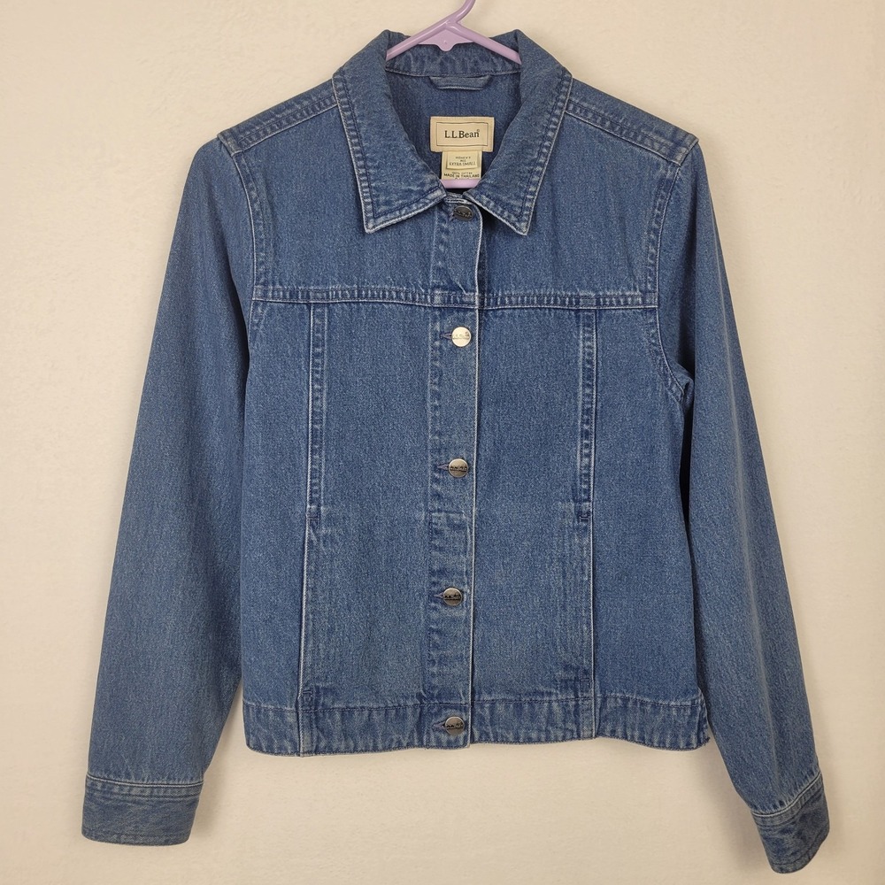 Vtg 90s L.L. Bean Denim Trucker Jacket XS Blue Branded Metal Buttons